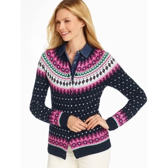 Talbots Womens Falling Snow Fair Isle Cardigan Blue Pink Lambswool Size Medium - Picture 1 of 9